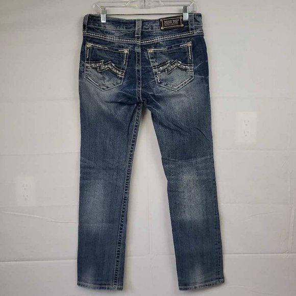 Miss Me Womens Easy Cropped Straight Leg Jeans Blue Thick Stitch Embellished 27 - Picture 2 of 13